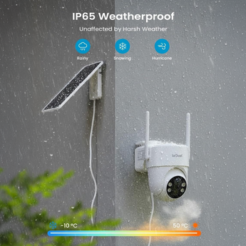 ieGeek S5 solar camera with IP65 rating withstands rain, snow, and hurricanes.