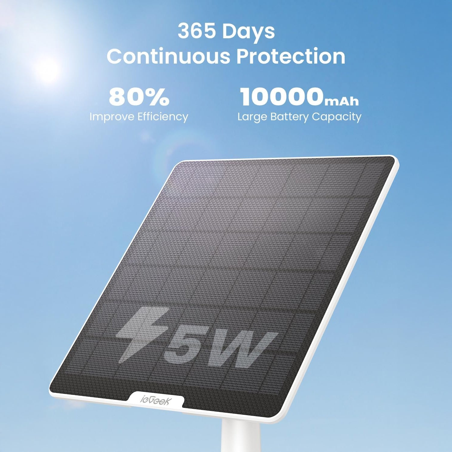 ieGeek's 5W solar panel ensures 365 days of uninterrupted power for continuous monitoring.