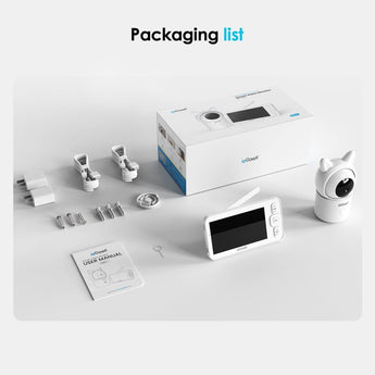 ieGeek Baby 7 video monitor package, displaying monitor, camera, and all accessories