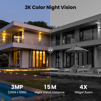 ieGeek security camera with 2K color night vision and 4x digital zoom for detailed nighttime monitoring.